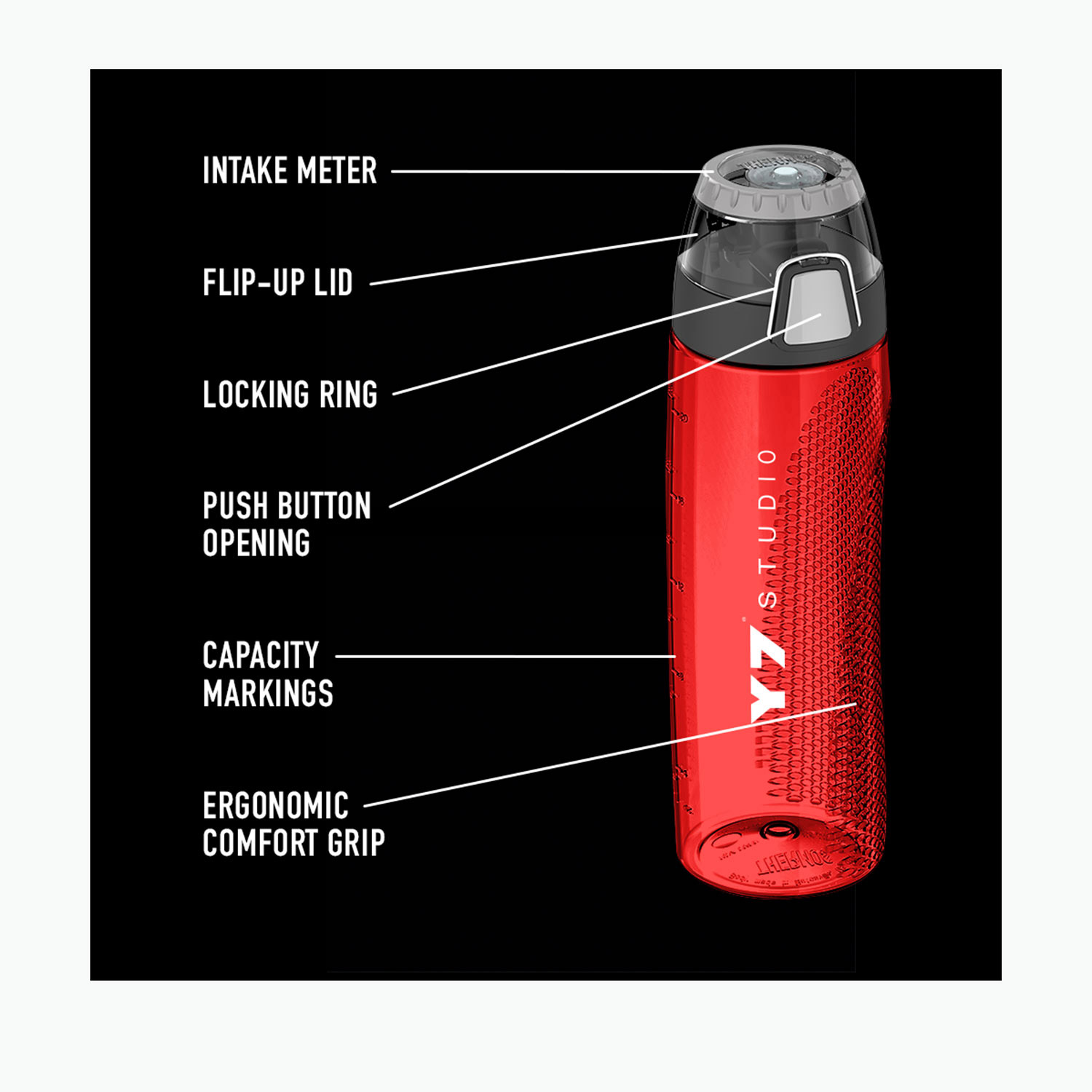 thermos hydration bottle with rotating intake meter