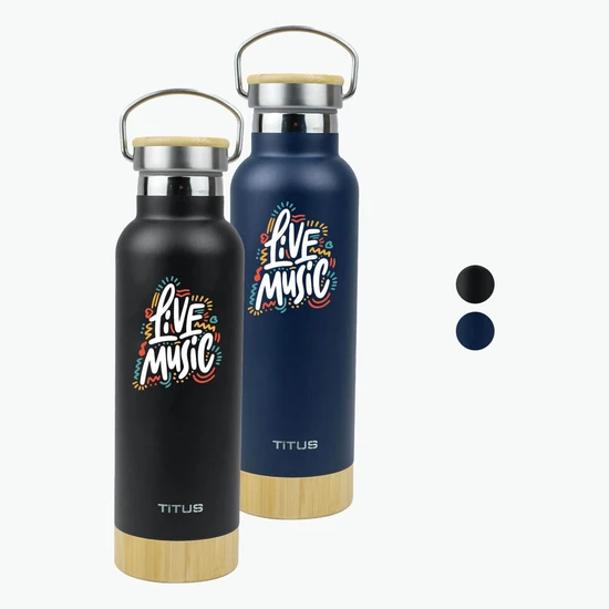 17 oz TiTUS® Stainless Steel Water Bottle with Wood-Style Base and Bamboo Twist Lid - Full Color