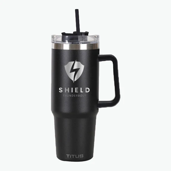 30 oz TiTUS® Double Wall Stainless Steel Insulated Travel Mug with Straw & Handle