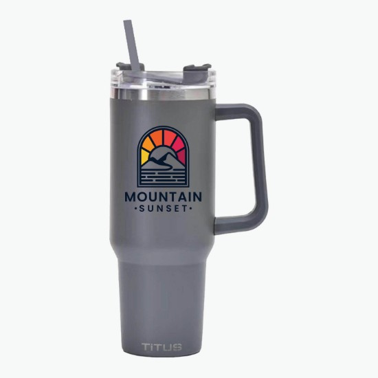 40 oz TiTUS® Double Wall Stainless Steel Insulated Travel Mug with Straw & Handle - Full Color