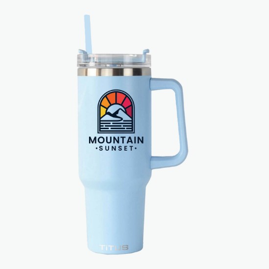 40 oz TiTUS® Double Wall Stainless Steel Insulated Travel Mug with Straw & Handle - Full Color