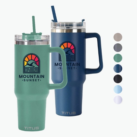 40 oz TiTUS® Double Wall Stainless Steel Insulated Travel Mug with Straw & Handle - Full Color