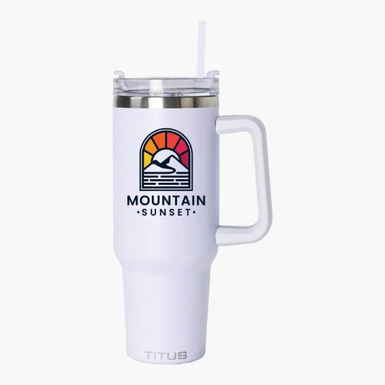 40 oz TiTUS® Double Wall Stainless Steel Insulated Travel Mug with Straw & Handle - Full Color