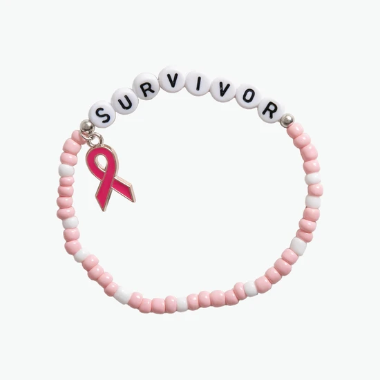 Adult Friendship Bracelet Breast Cancer Awareness Rice Beads with Ribbon Charm