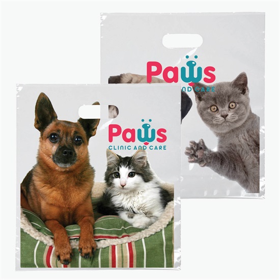 Full Color Die Cut Handle Plastic Bag - 13 1/2 x 12 x 3 - 2-Sided Imprint