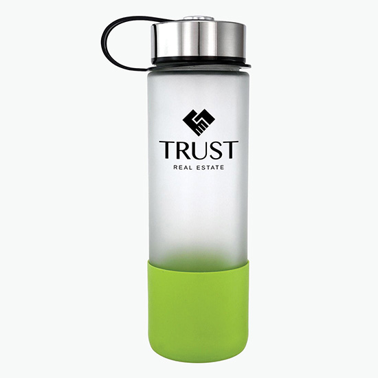 22 oz Frosted Glass Grip Bottle with Metal Lanyard Lid