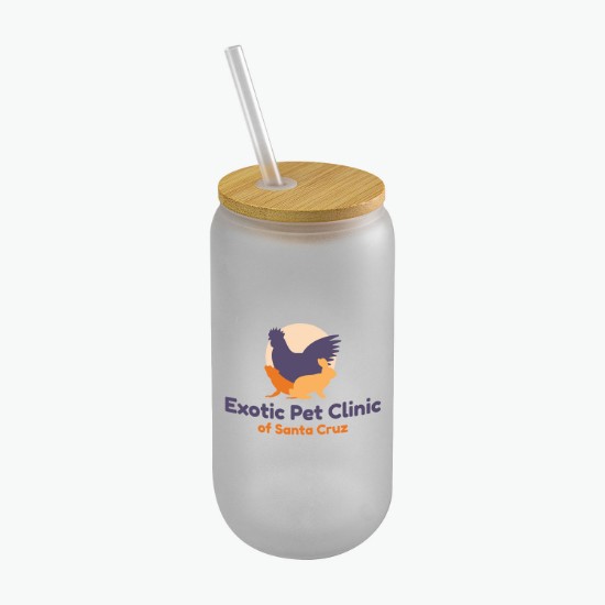 16.9 oz Frosted Glass Can with Bamboo Lid and Straw