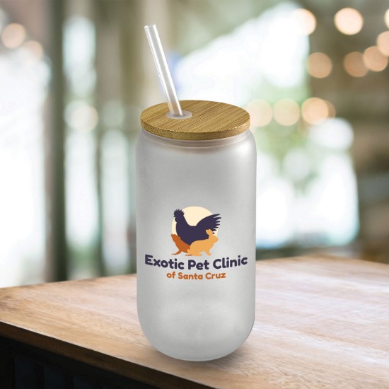 16.9 oz Frosted Glass Can with Bamboo Lid and Straw