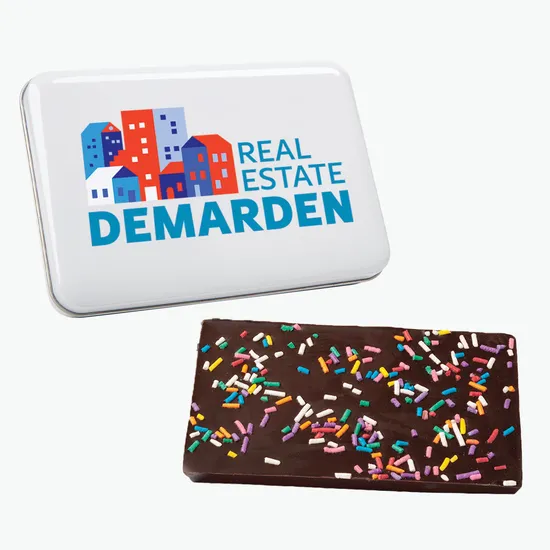 Custom Tin with Choice of Flavored Chocolate Bark - Full Color