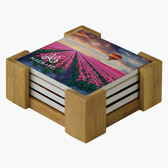 Absorbent Coasters with Bamboo Stand - Set of 4 - Full Color