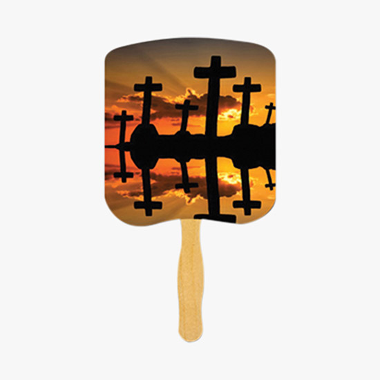 Glued Religious Hand Fan on Stick