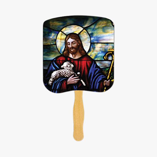 Glued Religious Hand Fan on Stick