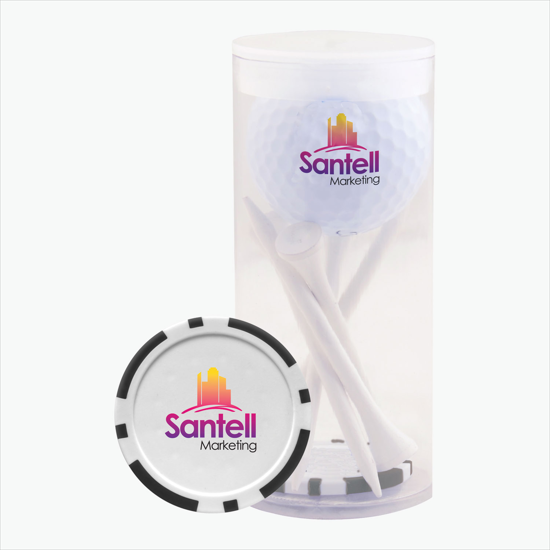 Golf Ball and 5-Tee Pack with Poker Chip Ball Marker