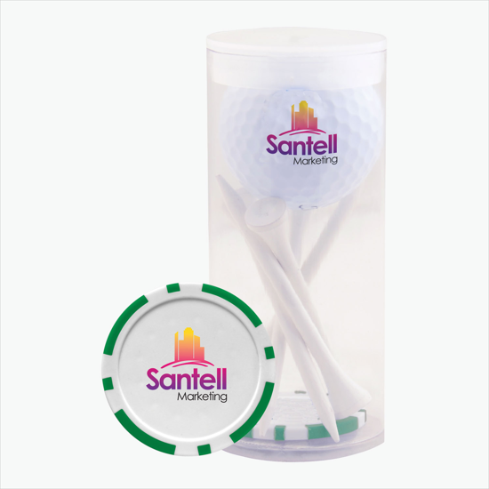 Golf Ball and 5-Tee Pack with Poker Chip Ball Marker