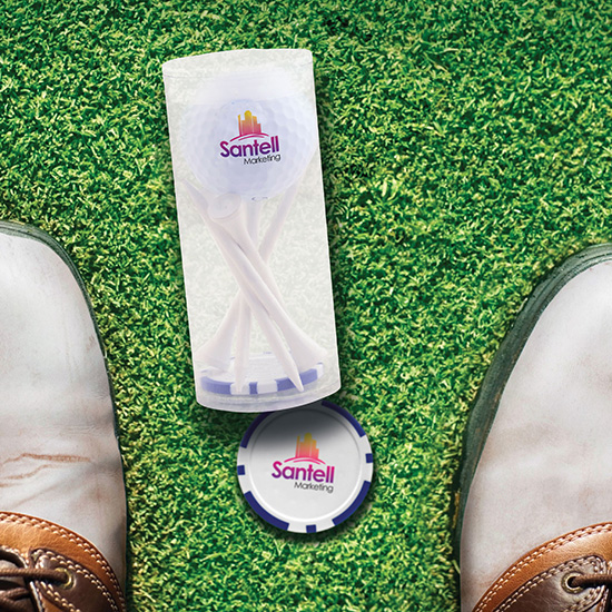 Golf Ball and 5-Tee Pack with Poker Chip Ball Marker