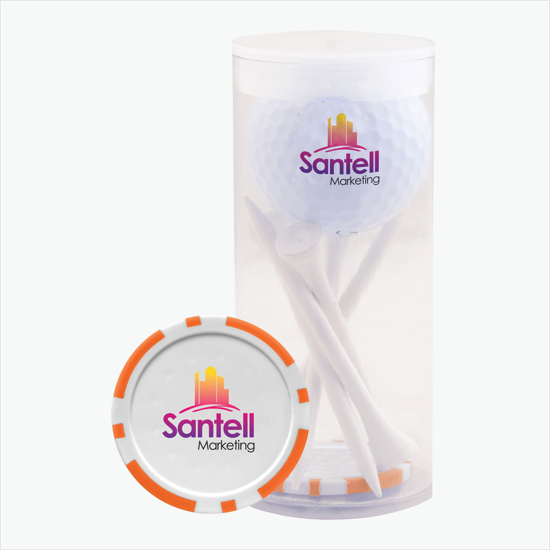 Golf Ball and 5-Tee Pack with Poker Chip Ball Marker
