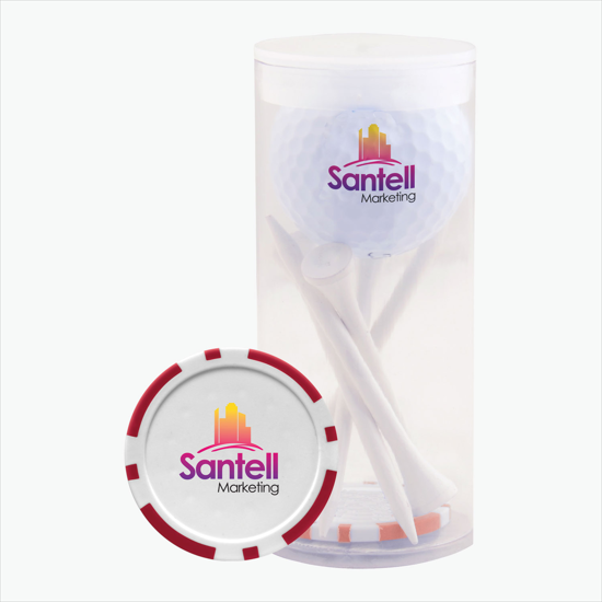 Golf Ball and 5-Tee Pack with Poker Chip Ball Marker