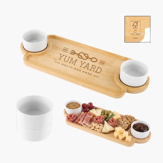 Bamboo Serving Tray with Porcelain Bowls