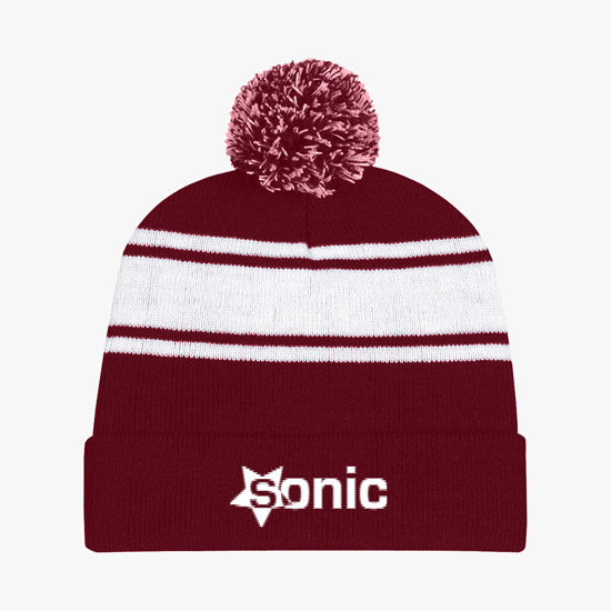 Knit Pom Cuff Beanie w/Stripes