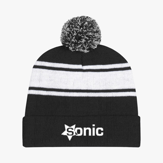 Knit Pom Cuff Beanie w/Stripes