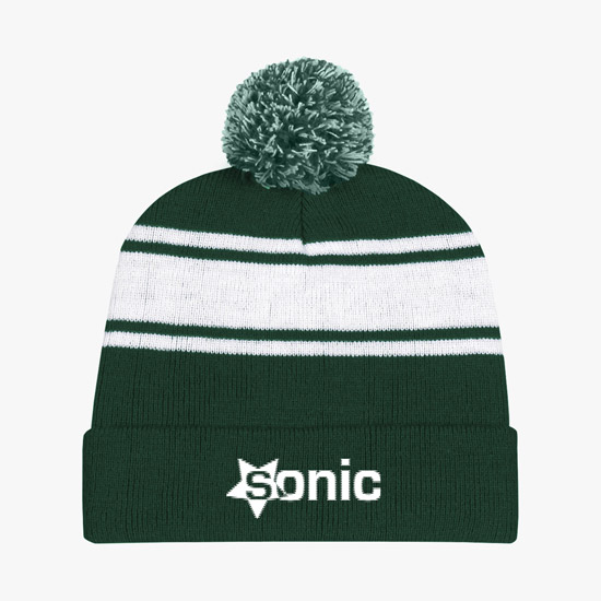 Knit Pom Cuff Beanie w/Stripes