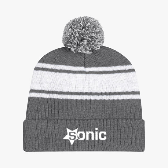 Knit Pom Cuff Beanie w/Stripes