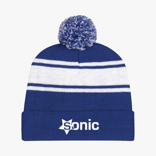 Knit Pom Cuff Beanie w/Stripes