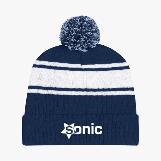 Knit Pom Cuff Beanie w/Stripes