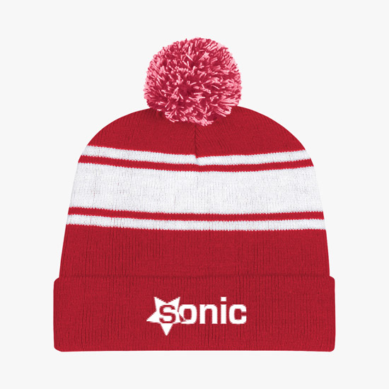 Knit Pom Cuff Beanie w/Stripes