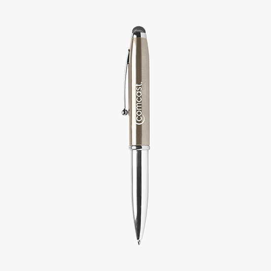 Triple Function Chrome Ballpoint Pen with Mesh Stylus and Flashlight