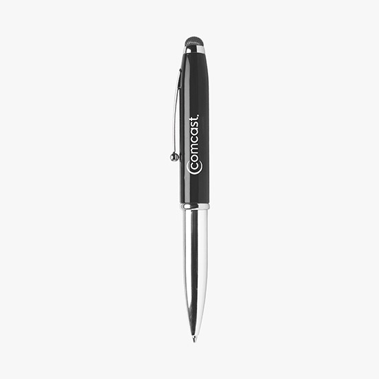 Triple Function Chrome Ballpoint Pen with Mesh Stylus and Flashlight