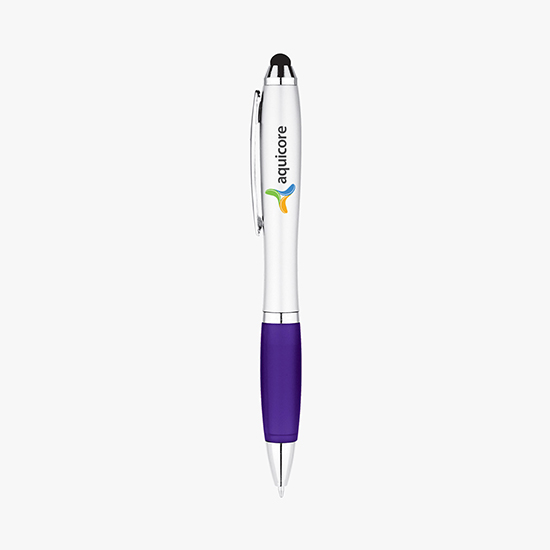 Silvertone Curvaceous Ballpoint Pen with Stylus - Full Color